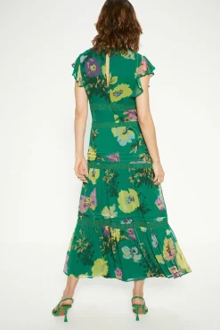 Lace Trim High Neck Chiffon Floral Midi Dress