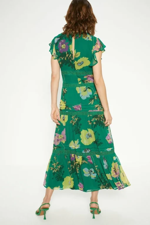 Lace Trim High Neck Chiffon Floral Midi Dress