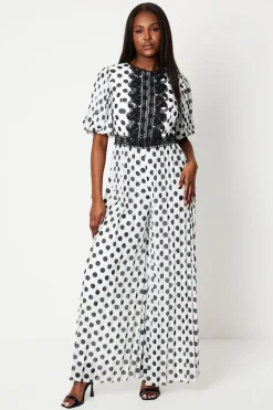 Lace Trim Polkadot Jumpsuit With Pleated Leg