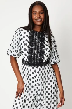 Lace Trim Polkadot Jumpsuit With Pleated Leg