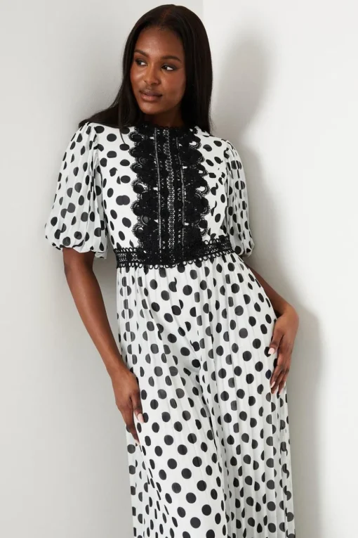 Lace Trim Polkadot Jumpsuit With Pleated Leg