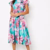Lace Trim Ruffle Sleeve Printed Midi Dress