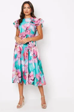 Lace Trim Ruffle Sleeve Printed Midi Dress