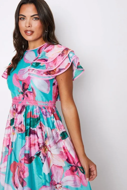 Lace Trim Ruffle Sleeve Printed Midi Dress