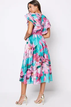 Lace Trim Ruffle Sleeve Printed Midi Dress