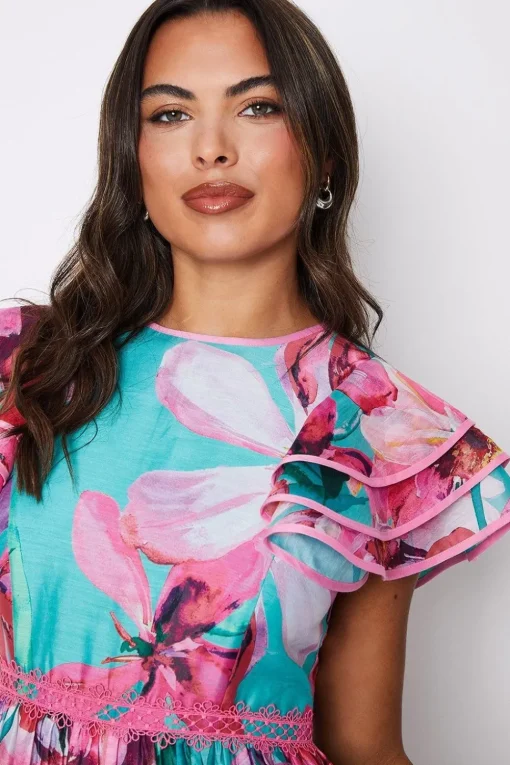 Lace Trim Ruffle Sleeve Printed Midi Dress