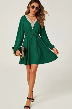 Lace Trim V Neck Mini Dress In Green