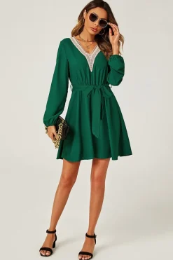 Lace Trim V Neck Mini Dress In Green