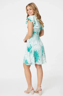 Leaf Print Cap Sleeve Skater Dress