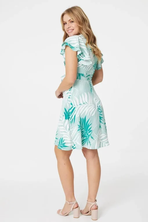 Leaf Print Cap Sleeve Skater Dress