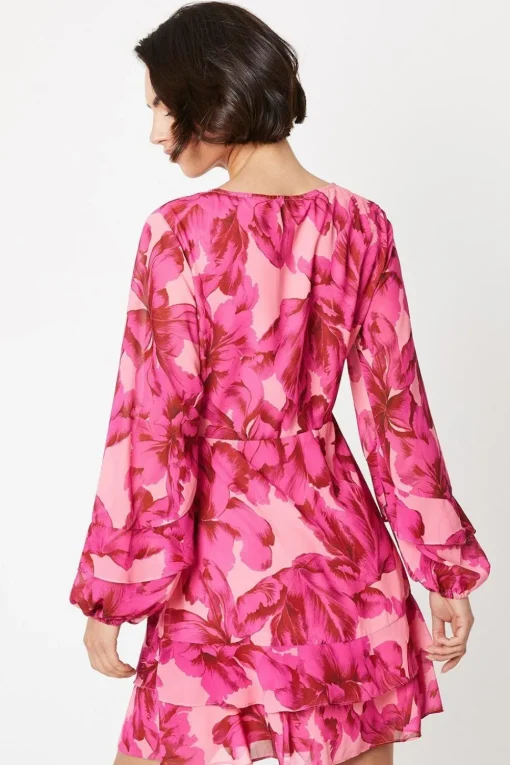 Leaf Print Corsage Tiered Mini Dress