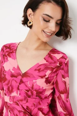 Leaf Print Corsage Tiered Mini Dress