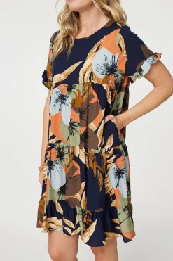 Leaf Print Frilled Knee Length Shift Dress