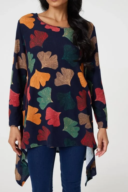 Leaf Print High Low Tunic Top
