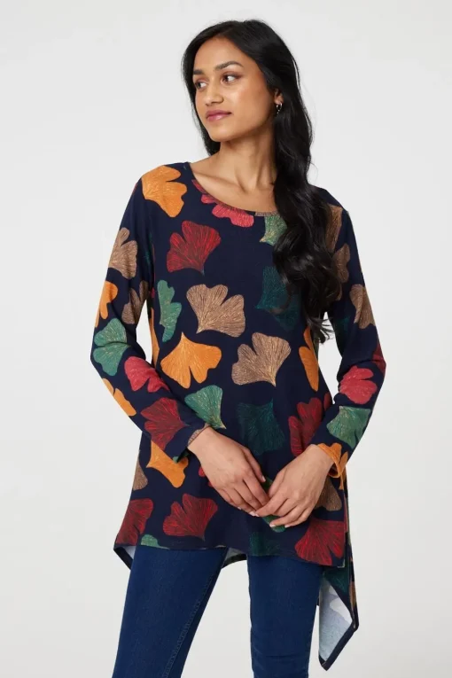 Leaf Print High Low Tunic Top