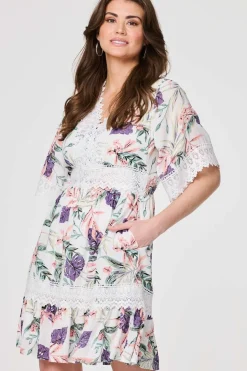 Leaf Print Lace Trim Short Dress