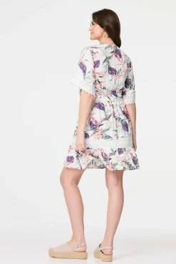 Leaf Print Lace Trim Short Dress