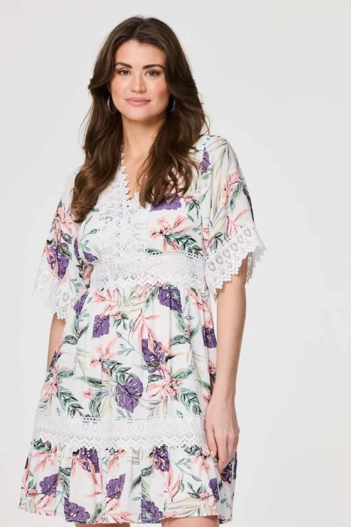 Leaf Print Lace Trim Short Dress