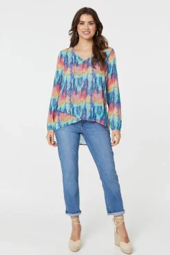 Leaf Print Long Sleeve Layered Hem Top