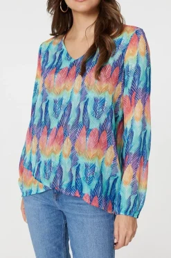 Leaf Print Long Sleeve Layered Hem Top