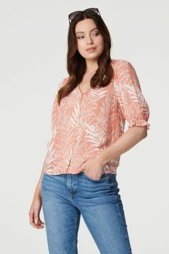 Leaf Print Puff 1/2 Sleeve Blouse