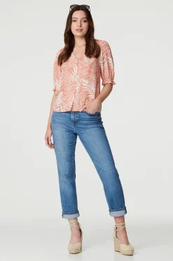 Leaf Print Puff 1/2 Sleeve Blouse