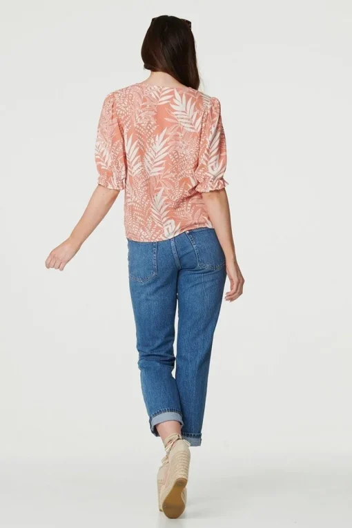 Leaf Print Puff 1/2 Sleeve Blouse