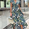 Leaf Print Short Sleeve Belted Wrap Midi Dress