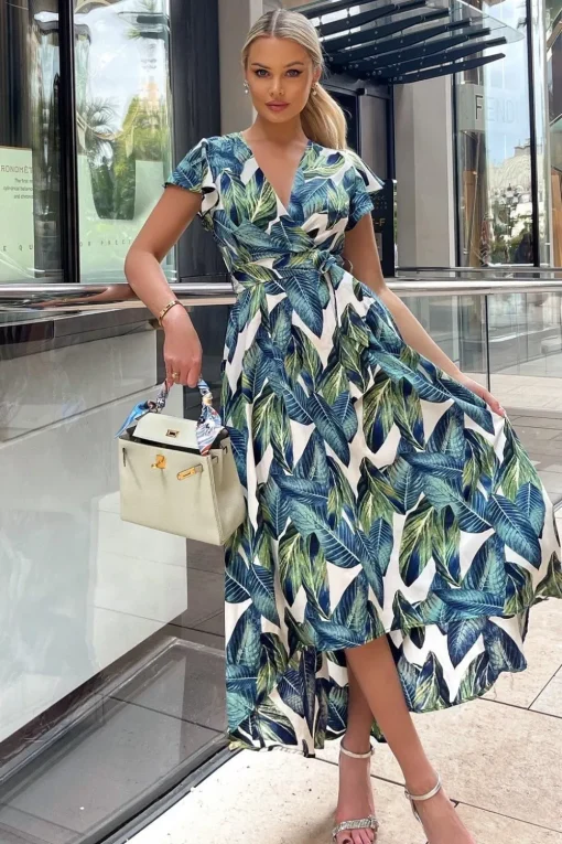 Leaf Print Short Sleeve Belted Wrap Midi Dress