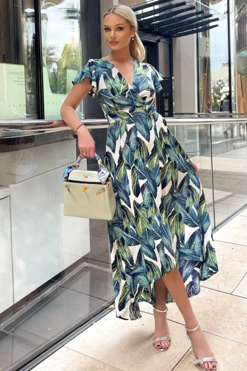 Leaf Print Short Sleeve Belted Wrap Midi Dress