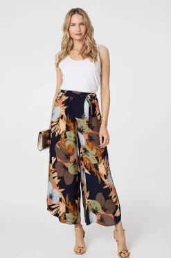 Leaf Print Tie Waist Split Leg Trousers