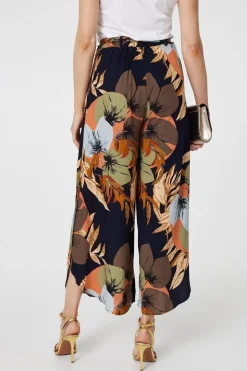Leaf Print Tie Waist Split Leg Trousers