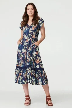Leaf Print V-Neck Lace Trim Midi Dress