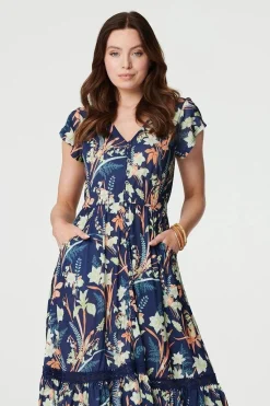 Leaf Print V-Neck Lace Trim Midi Dress