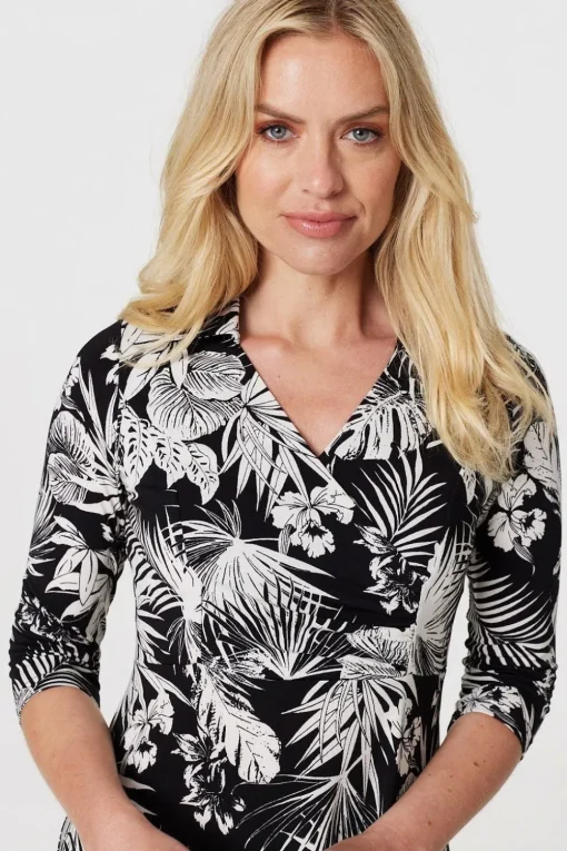 Leaf Print Wrap Front Shirt Dress