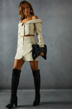 Leather Look Block Heel Knee High Boots