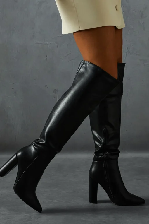 Leather Look Block Heel Knee High Boots