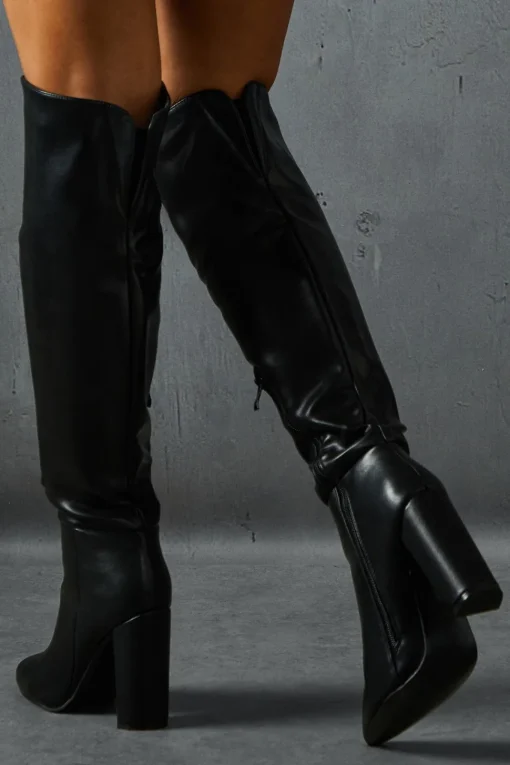 Leather Look Block Heel Knee High Boots