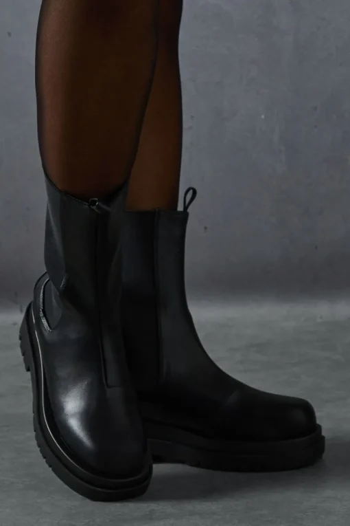 Leather Look Chunky Chelsea Ankle Boots