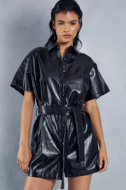 Leather Look Drop Shoulder Belted Mini Shirt Dress