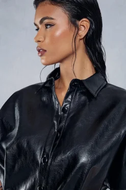 Leather Look Drop Shoulder Belted Mini Shirt Dress
