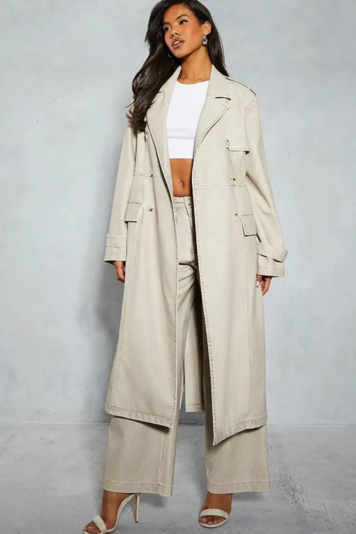 Leather Look Longline Belted Trench Coat