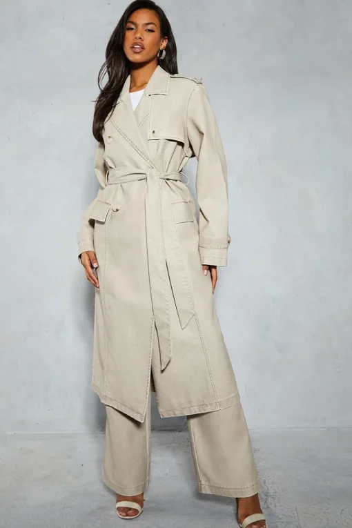 Leather Look Longline Belted Trench Coat