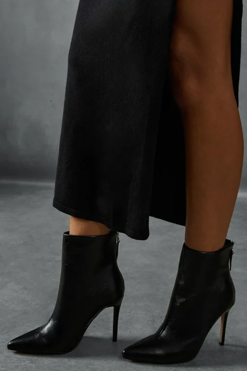 Leather Look Stiletto Pointed Ankle Boots