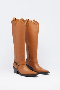 Leather Stud Harness Knee High Cowboy Boot