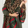 Leopard & Strip Print Fringed edges Scarf In Green & Red