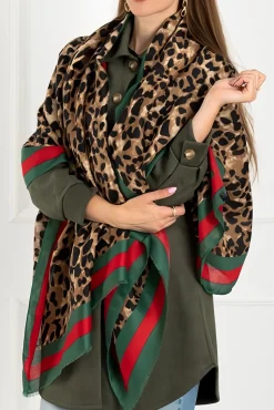Leopard & Strip Print Fringed edges Scarf In Green & Red