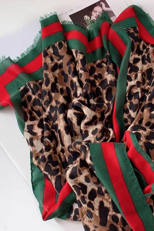 Leopard & Strip Print Fringed edges Scarf In Green & Red