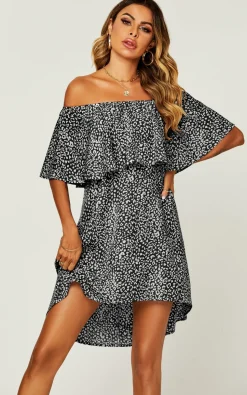 Leopard Print Bardot Frill Off Shoulder Mini Dress In Black