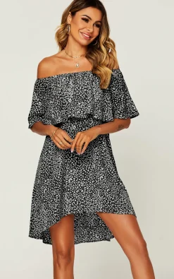 Leopard Print Bardot Frill Off Shoulder Mini Dress In Black